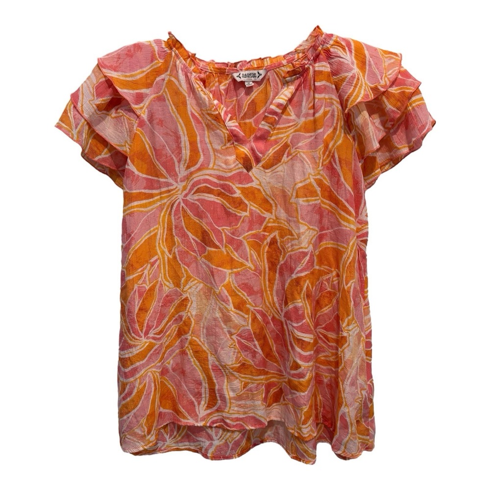 Nanette Lepore Top‎ Womens Medium Floral Blouse Pink Orange Ruffle Sleeve Sheer